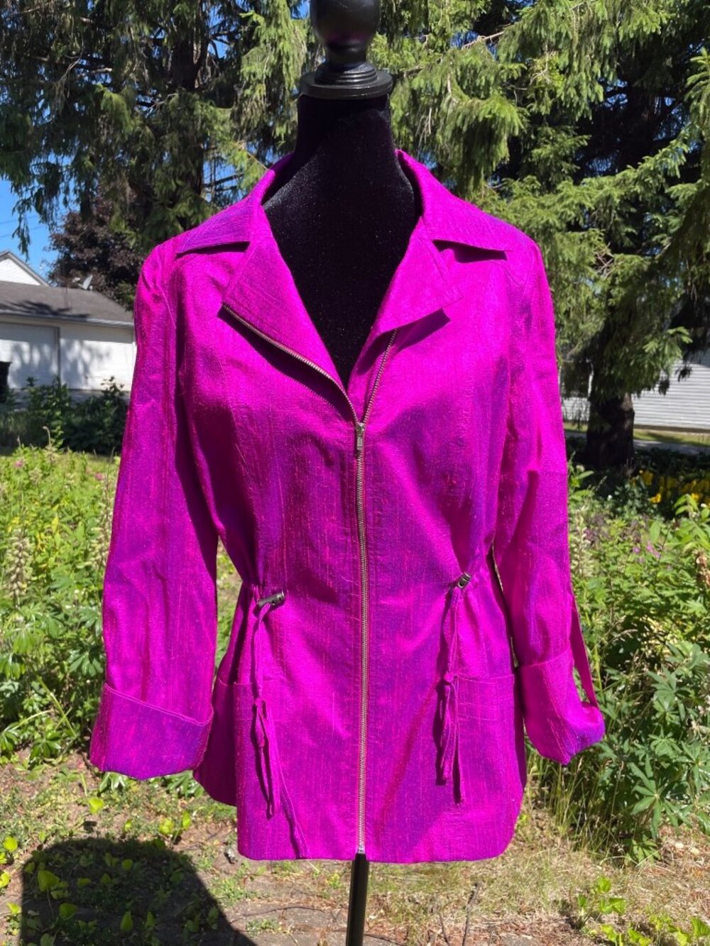 Vintage 90s Magenta Silk Iridescent Satin Blazer Womens 8 Art Office Statement